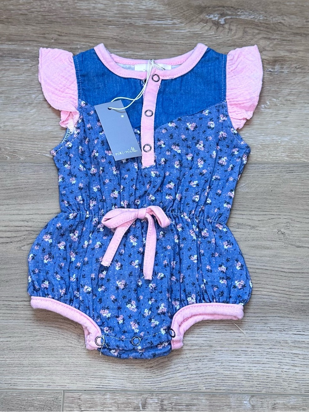 Blue Floral Baby Girl One-Piece Romper with Pink Accents